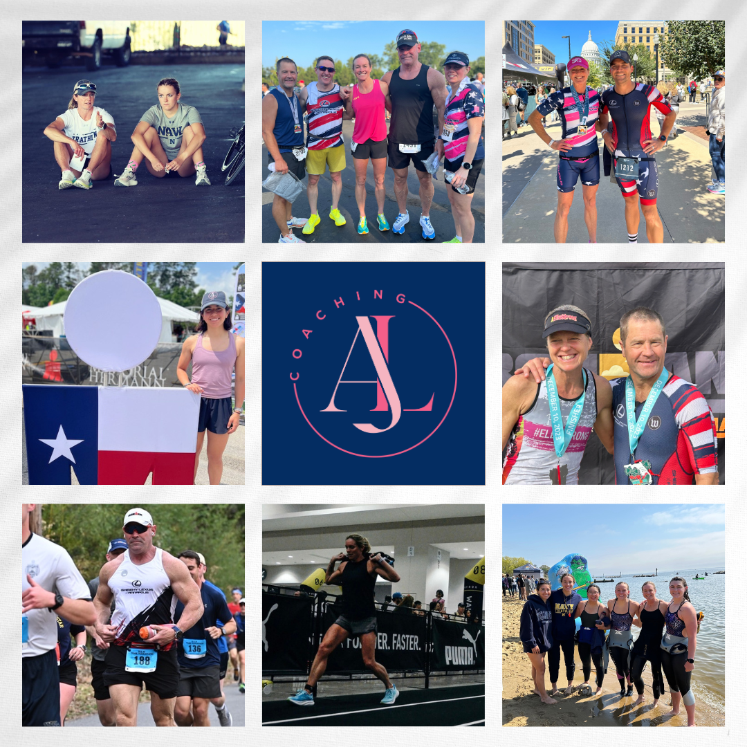Collage of nine photos featuring athletes at running and triathlon events, race medals, and a beach swim scene, with the AJL Coaching logo in the center.